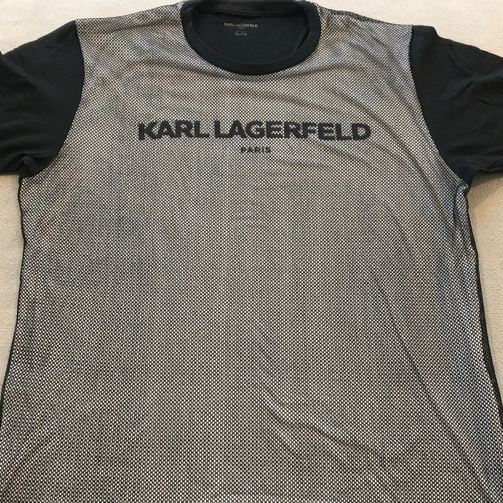 Karl Lagerfeld Paris Logo Mesh Overlay Black and White Tee Shirt Please Read